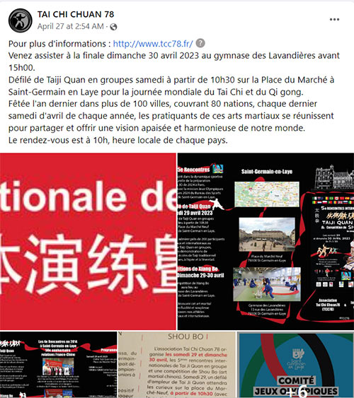 5e Rencontres Internationales de Taiji Quan en groupe et Compétition de Shou Bo / Xiang Bo les samedi 29 et dimanche 30 avril à Saint-Germain en Laye